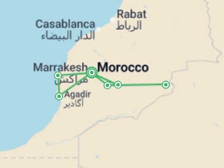 Map itinerary of Africa Tour in April 2027 with 6 destination visits for the trip: Morocco: Deserts & Beaches