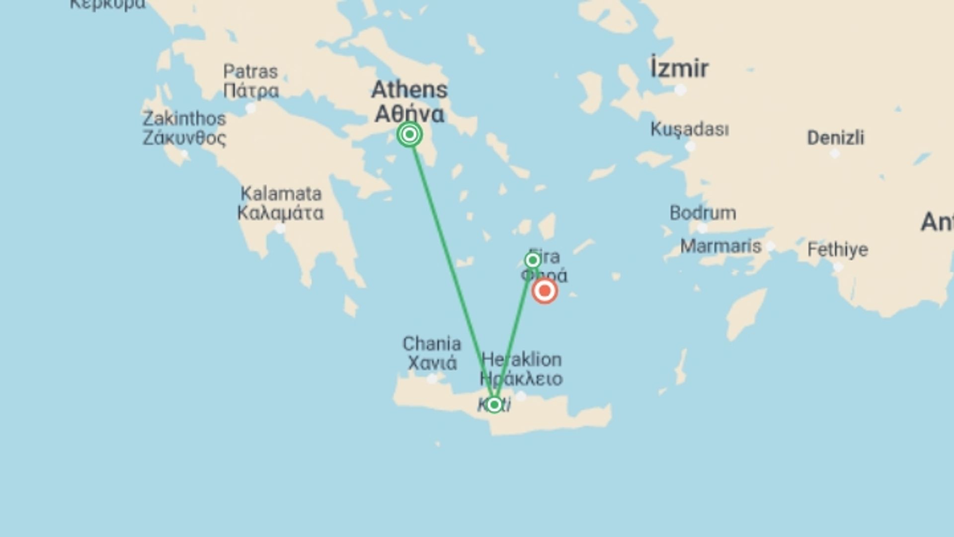 A map showing the tour itinerary for the trip: Greece Trip: 12 Days - FnEZ EVOLUTION 25+, starting in Athens, Greece and ending in Santorini, Greece going through 2 other destinations.
