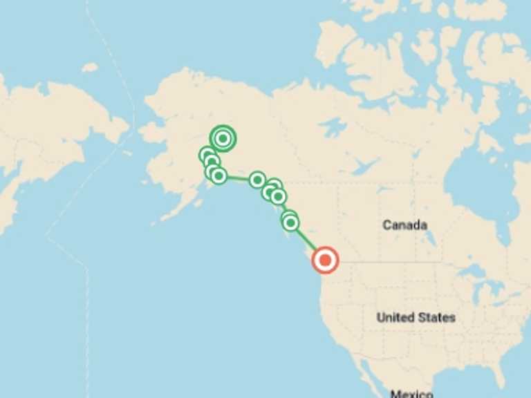 Map itinerary of Vancouver Tour in July 2026 with 2 destination visits for the trip: Alaska Discovery Land & Cruise featuring a 7-night Holland America Cruise