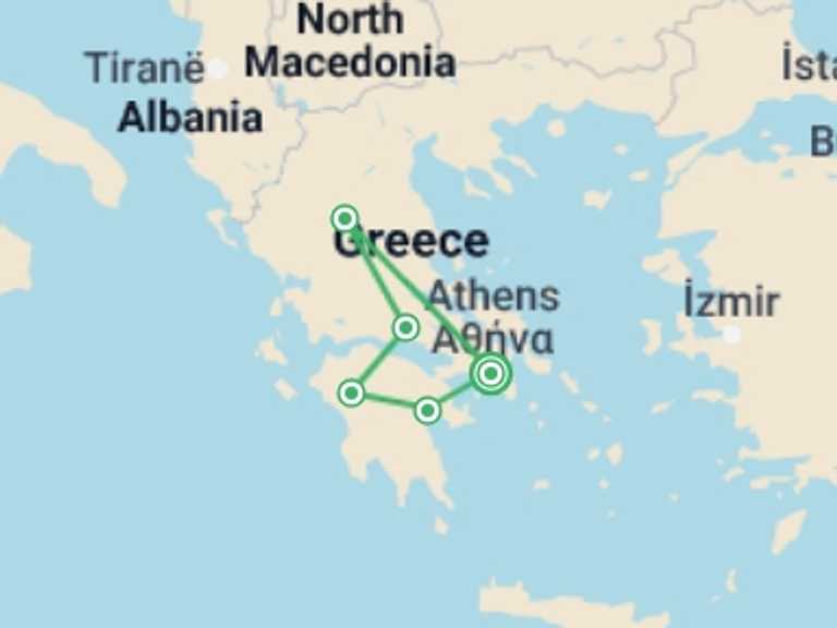 Map of Europe Volcanoes Tour with 6 destination visits for the trip: Classical Tour of Greece (5 Days)