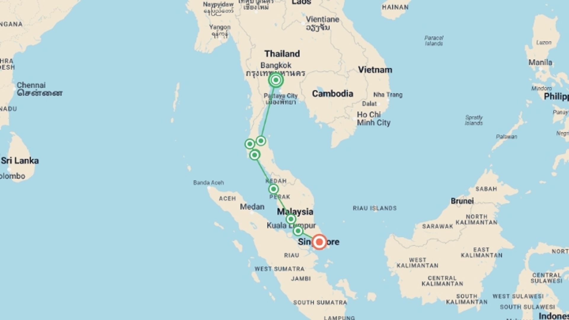 A map showing the tour itinerary for the trip: Bangkok to Singapore, starting in Bangkok, Thailand and ending in Singapore, Singapore going through 7 other destinations.