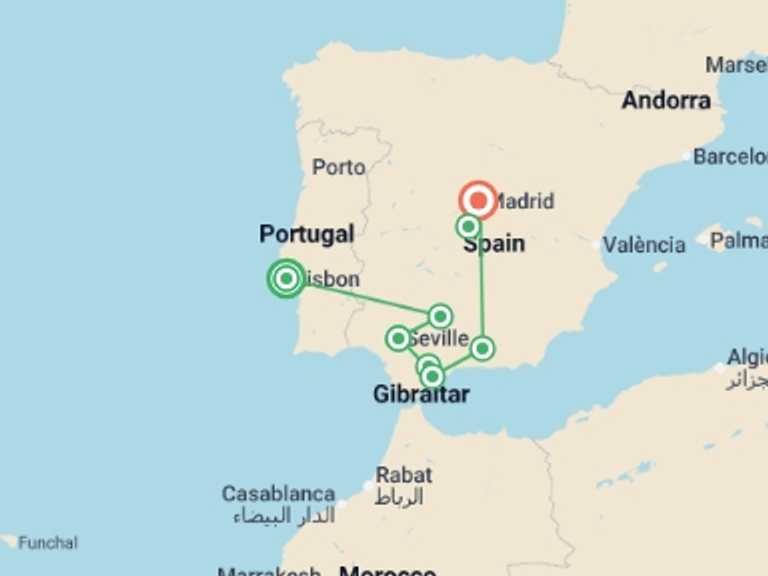Map of Europe Tour with 6 destination visits for the trip: Best of Portugal & Andalucia - 10 days