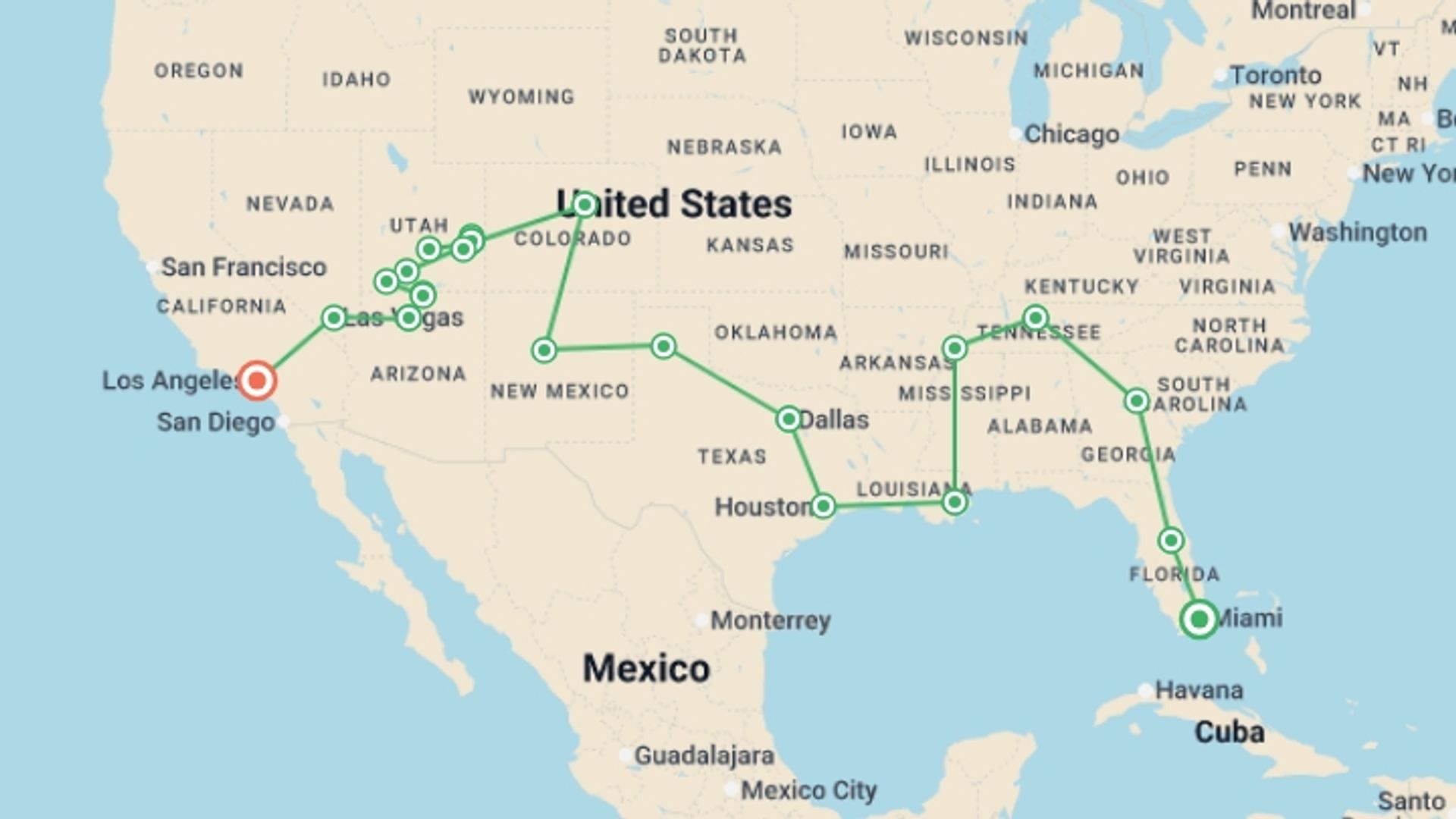 A map showing the tour itinerary for the trip: USA Road Trip, starting in Miami, USA and ending in Los Angeles, USA going through 14 other destinations.
