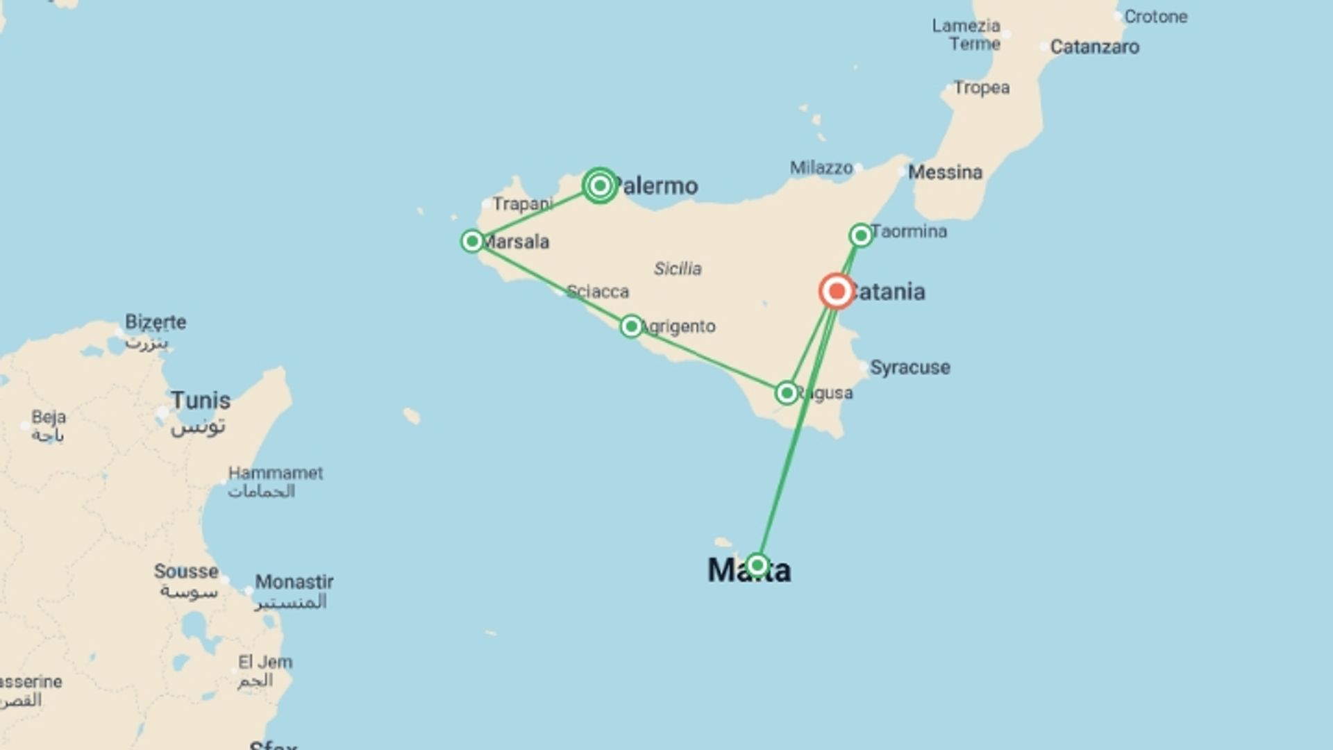 A map showing the tour itinerary for the trip: Sicily in Depth, starting in Palermo, Italy and ending in Catania, Italy going through 5 other destinations.