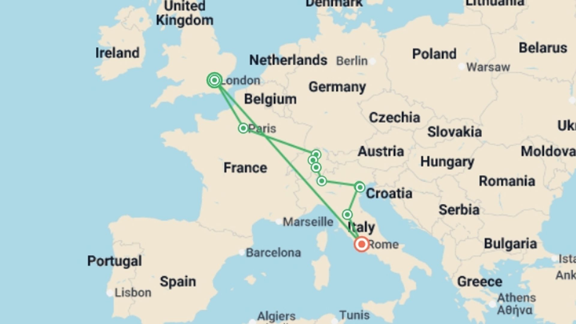 A map showing the tour itinerary for the trip: Treasures of Europe from Rome to London, starting in London, England and ending in Rome, Italy going through 0 other destinations.