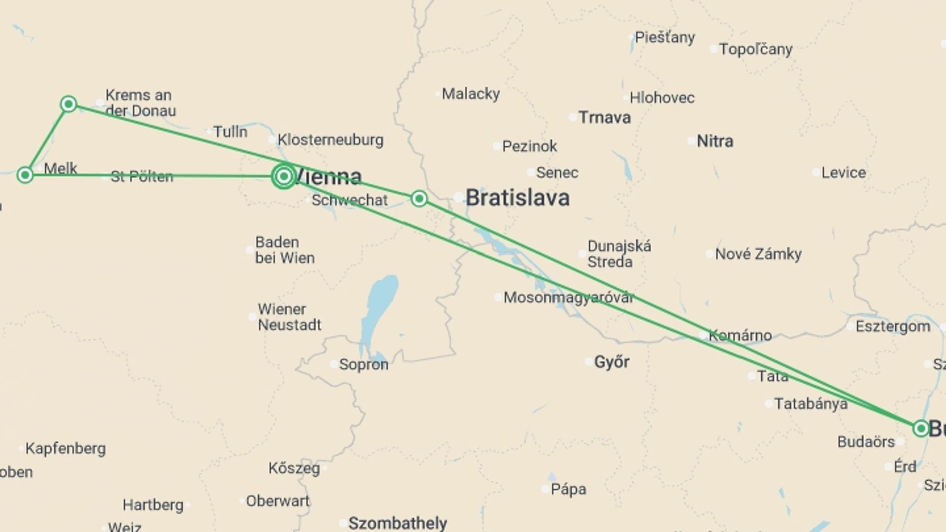 A map showing the tour itinerary for the trip: Hiking cruises in the former Austro-Hungarian Empire (port-to-port cruise), starting in Vienna, Austria and ending in Vienna, Austria going through 3 other destinations.
