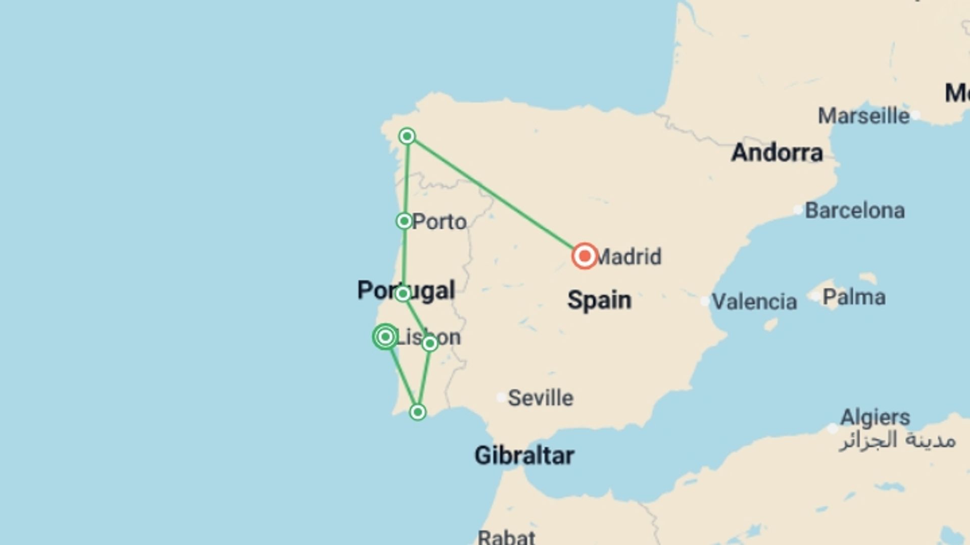 A map showing the tour itinerary for the trip: All of Portugal and Galicia, starting in Lisbon, Portugal and ending in Madrid, Spain going through 5 other destinations.
