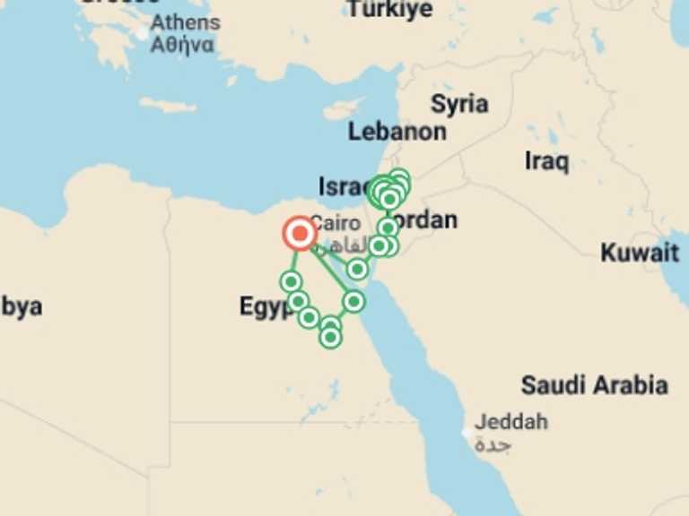Map of Dead Sea City sightseeing Tour with 11 destination visits for the trip: Jerusalem, Jordan, Secrets of the Nile and Hurghada