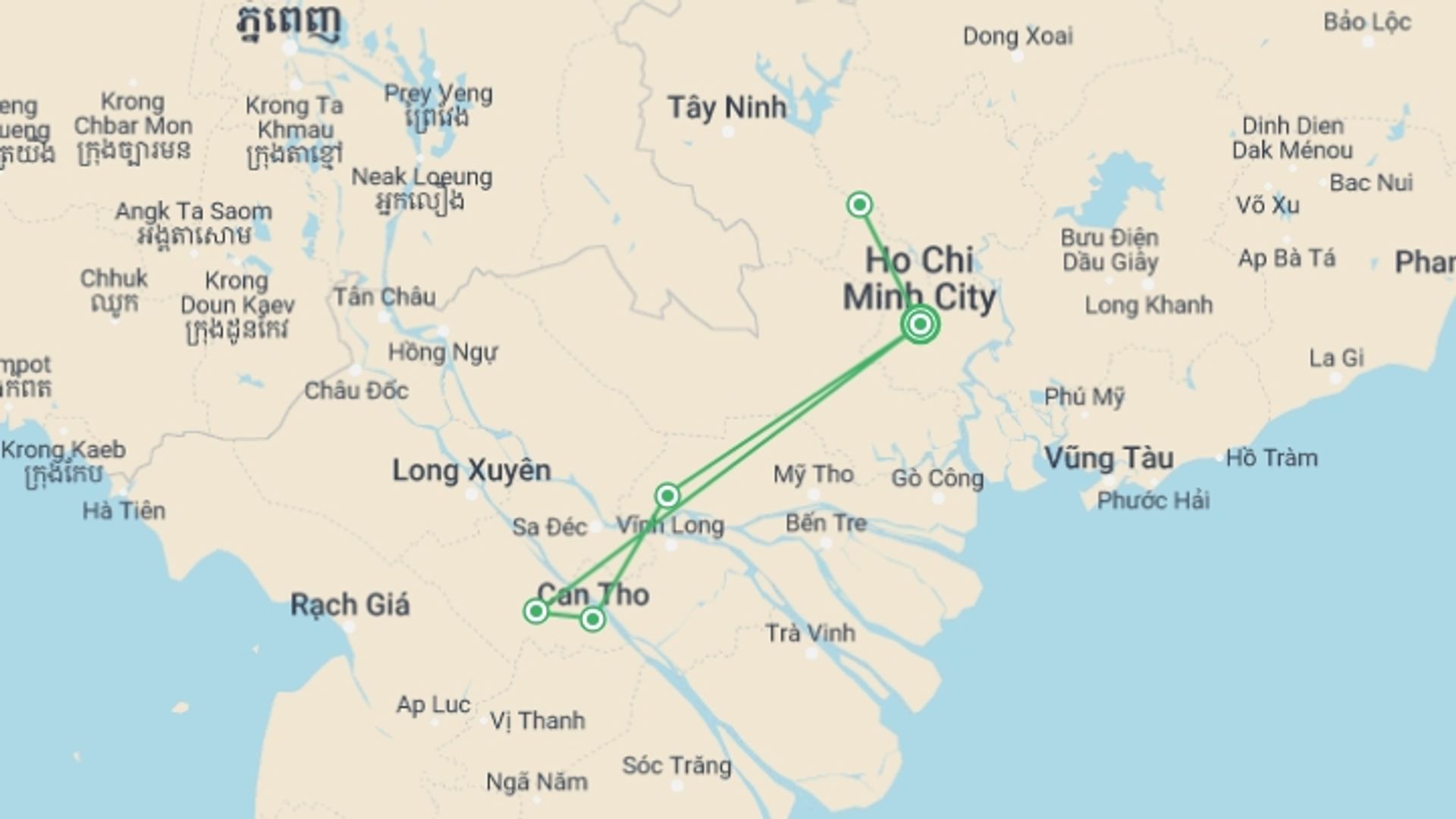 A map showing the tour itinerary for the trip: Overnight Cruise Tour Mekong Delta 3 Days 2 Nights, starting in Ho Chi Minh City, Vietnam and ending in Ho Chi Minh City, Vietnam going through 1 other destinations.