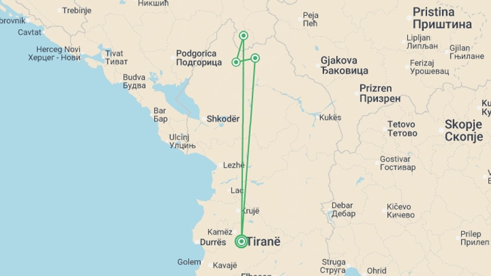 A map showing the tour itinerary for the trip: Hike the Albanian Alps, starting in Tirana, Albania and ending in Tirana, Albania going through 3 other destinations.