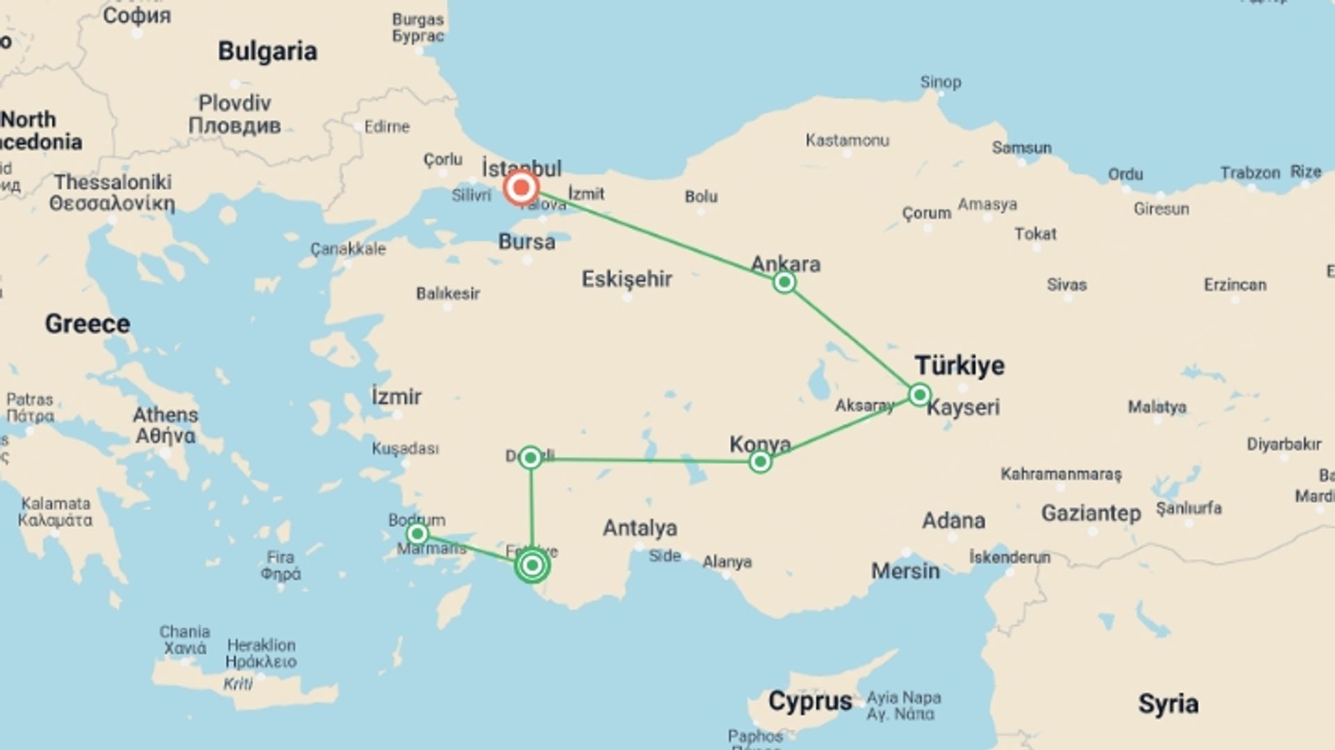 A map showing the tour itinerary for the trip: Wonders of Anatolia With Gulet Tour, starting in Fethiye, Turkey and ending in Istanbul, Turkey going through 5 other destinations.