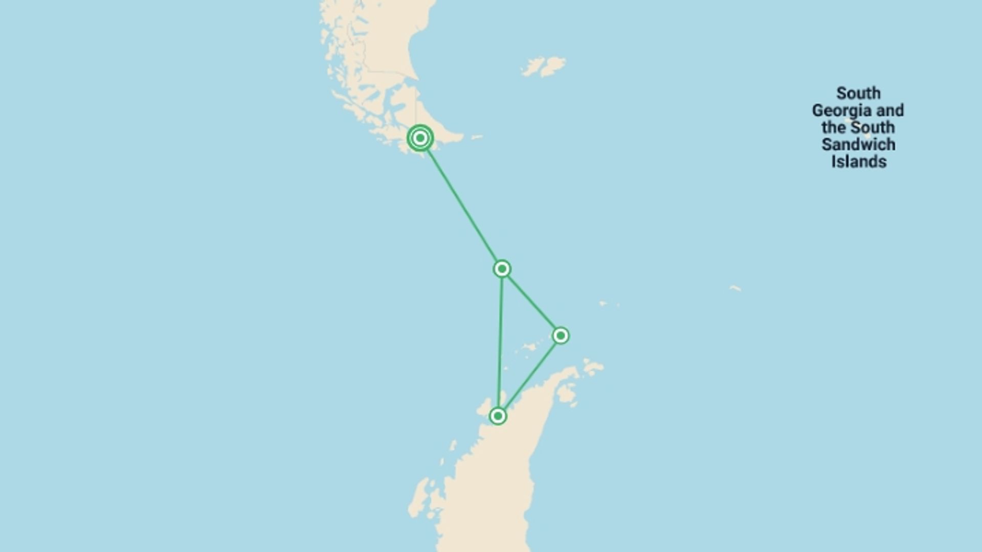 A map showing the tour itinerary for the trip: Crossing the Circle: Southern Expedition, starting in Ushuaia, Argentina and ending in Ushuaia, Argentina going through 3 other destinations.