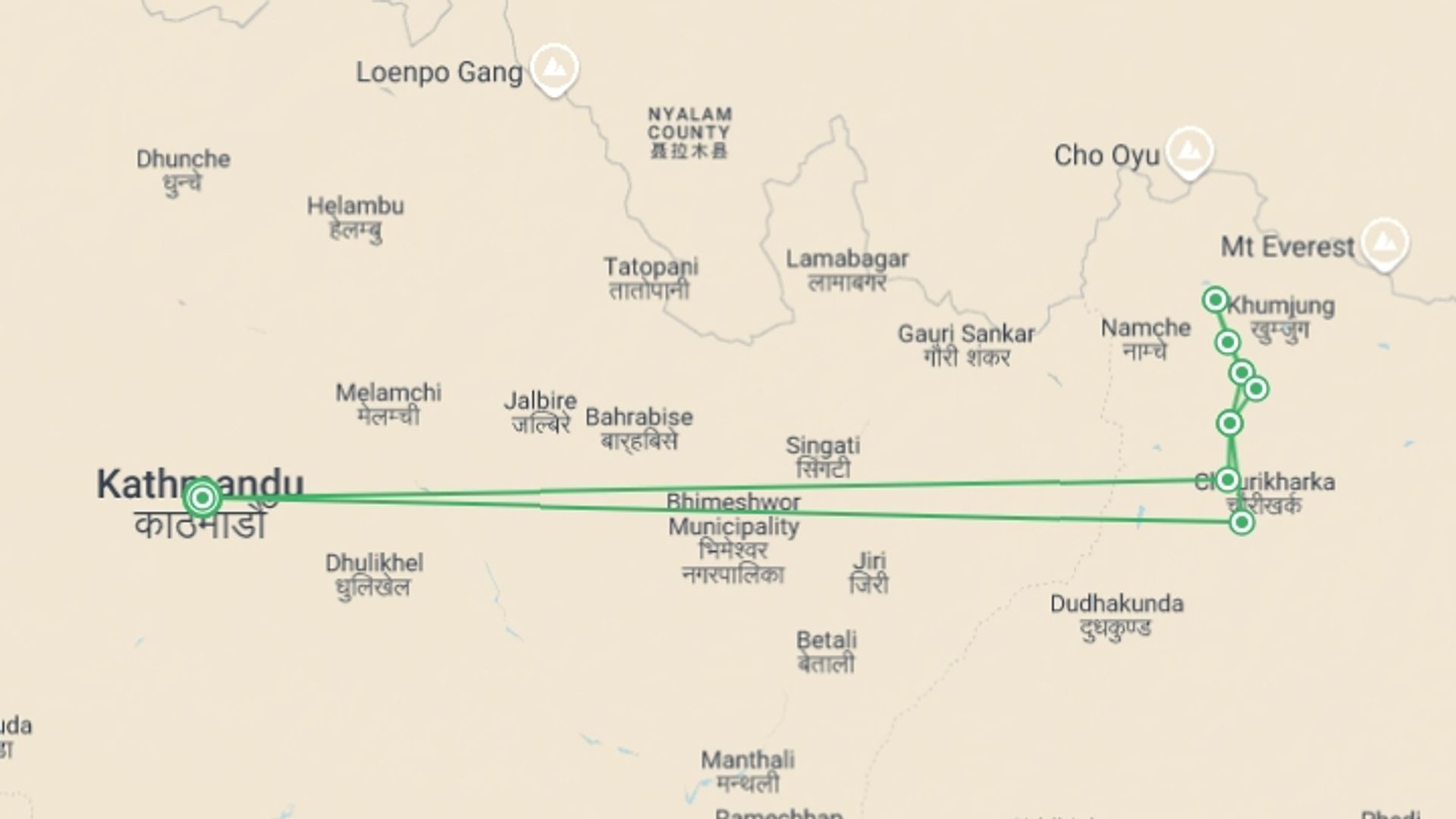 A map showing the tour itinerary for the trip: Gokyo Valley Trekking - 12 Days , starting in Kathmandu, Nepal and ending in Kathmandu, Nepal going through 8 other destinations.