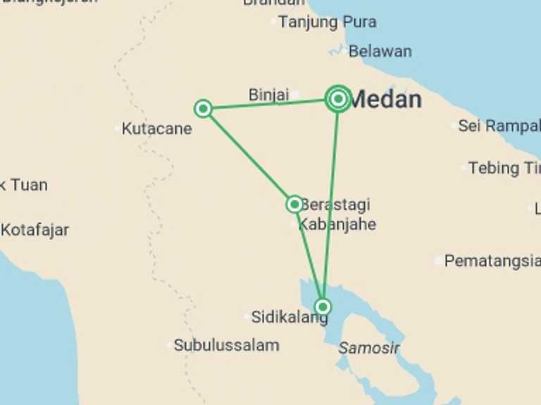 Map itinerary of Indonesia Tour in April 2027 with 4 destination visits for the trip: Highlights of Sumatra