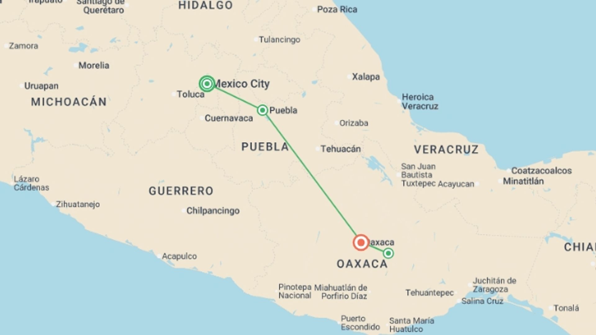 A map showing the tour itinerary for the trip: Mexico City to Oaxaca, starting in Mexico City, Mexico and ending in Oaxaca, Mexico going through 1 other destinations.