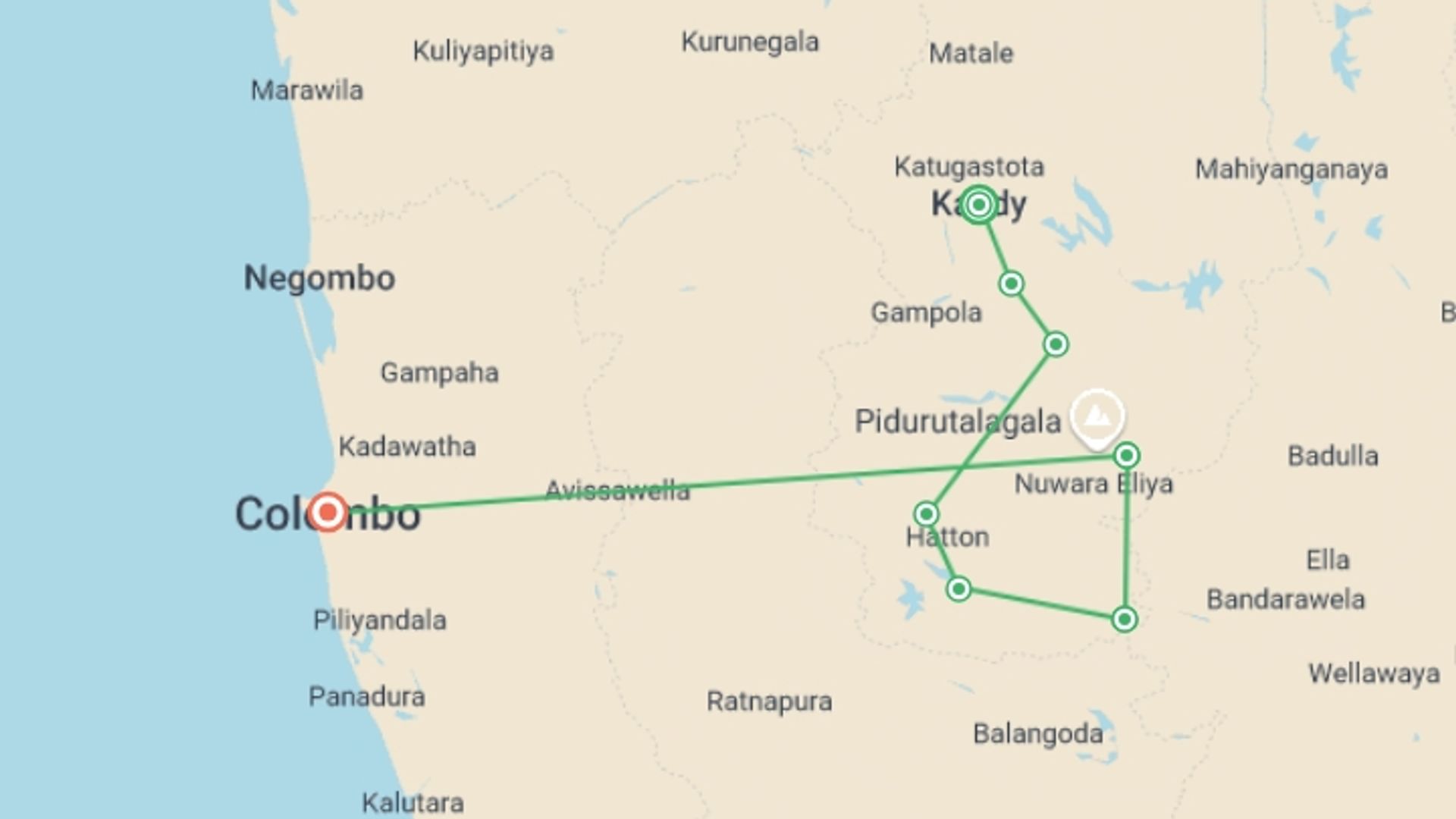 A map showing the tour itinerary for the trip: Hike Sri Lanka’s Pekoe Trail, starting in Kandy, Sri Lanka and ending in Colombo, Sri Lanka going through 6 other destinations.