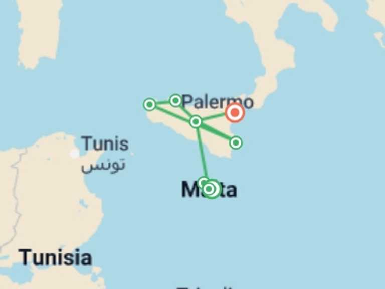 Map itinerary of Europe Tour in May 2026 with 11 destination visits for the trip: Malta and Gozo Discovery + Classical Sicily