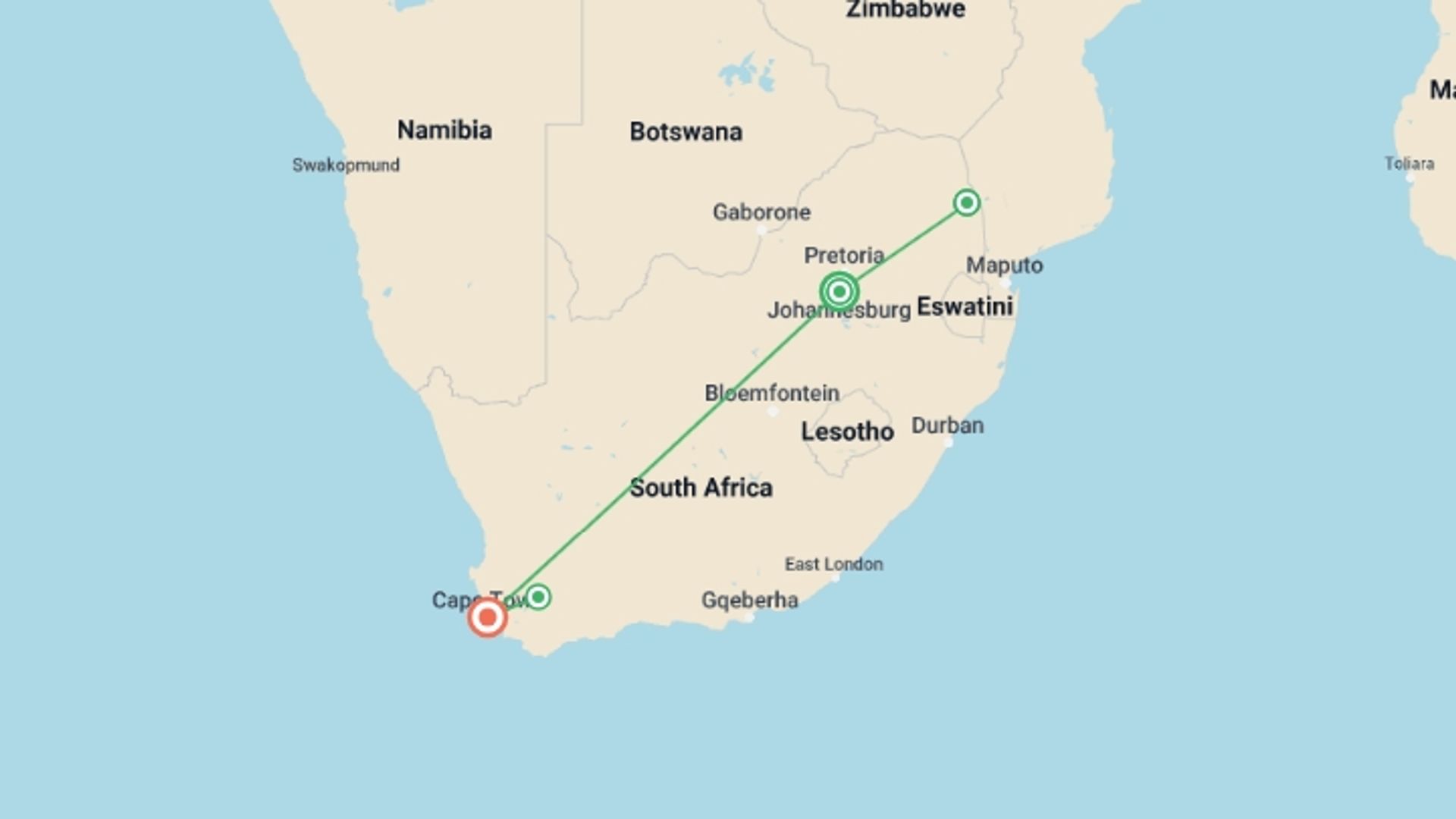 A map showing the tour itinerary for the trip: Kruger & Cape Town Short Break by Plane, starting in Johannesburg, South Africa and ending in Cape Town, South Africa going through 2 other destinations.
