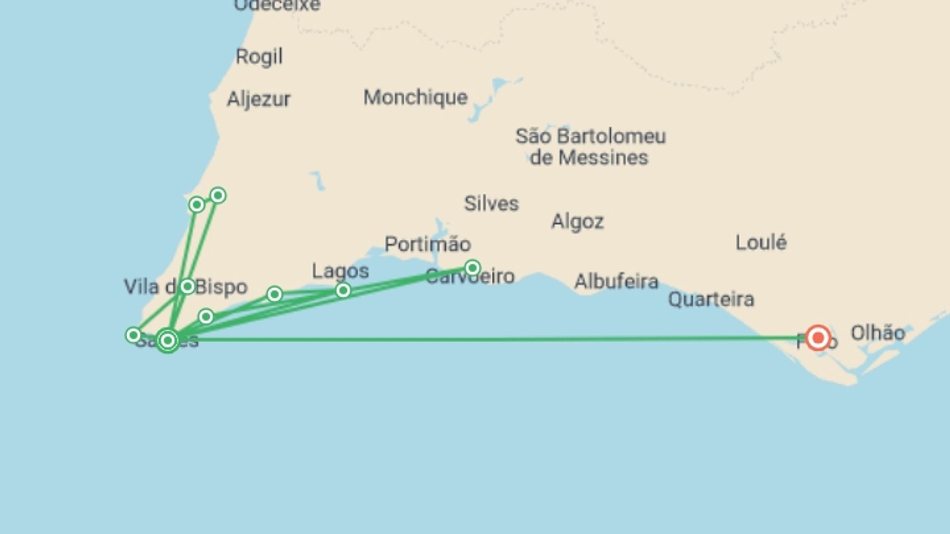 A map showing the tour itinerary for the trip: Walking in Portugal - Remote Coastal Trails, starting in Sagres, Portugal and ending in Faro, Portugal going through 1 other destinations.