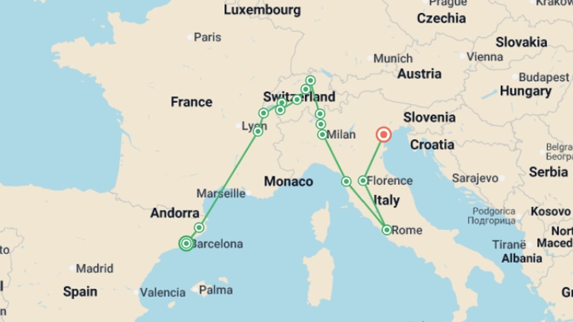 A map showing the tour itinerary for the trip: Spain, Switzerland and Classical Italy, starting in Barcelona, Spain and ending in Venice, Italy going through 7 other destinations.