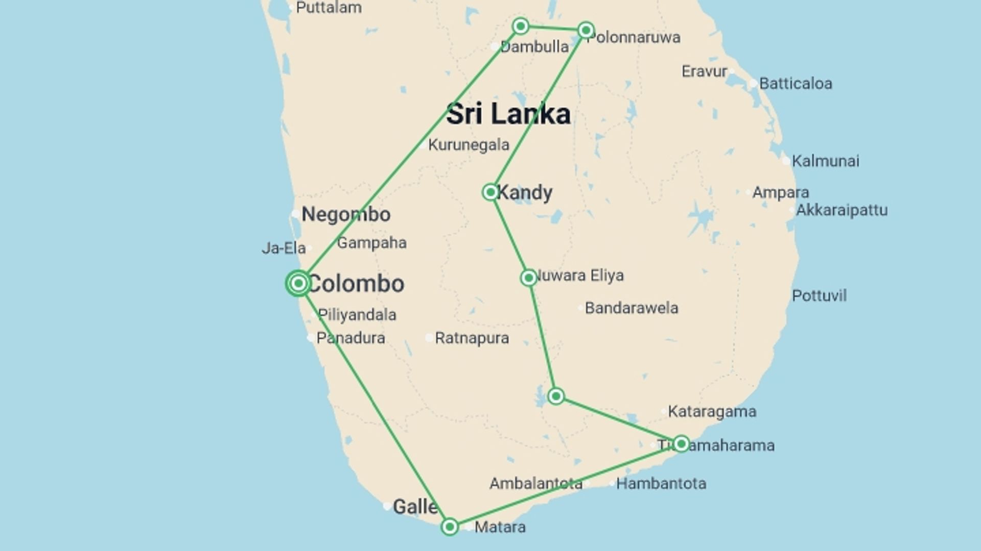 A map showing the tour itinerary for the trip: Wild About Sri Lanka - 10 days, starting in Colombo, Sri Lanka and ending in Colombo, Sri Lanka going through 7 other destinations.