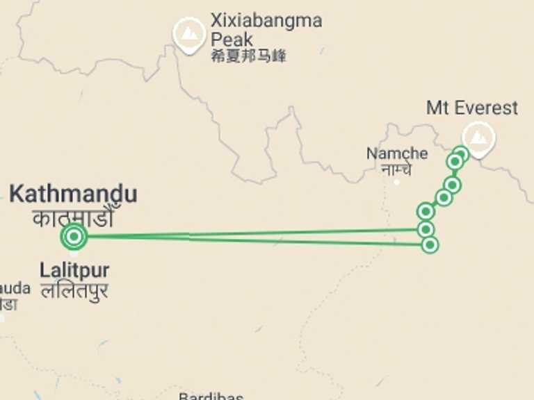 Map of 12-Day Everest Base Camp trek Tour with 8 destination visits for the trip: Everest Base Camp Trek 12 Days