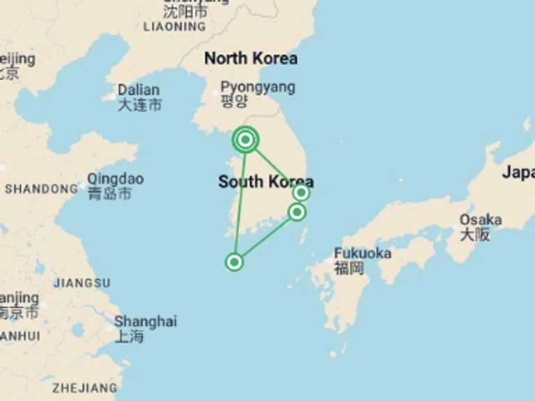 Map itinerary of East Asia Tour in August 2026 with 4 destination visits for the trip: Best of South Korea Small Group Journey
