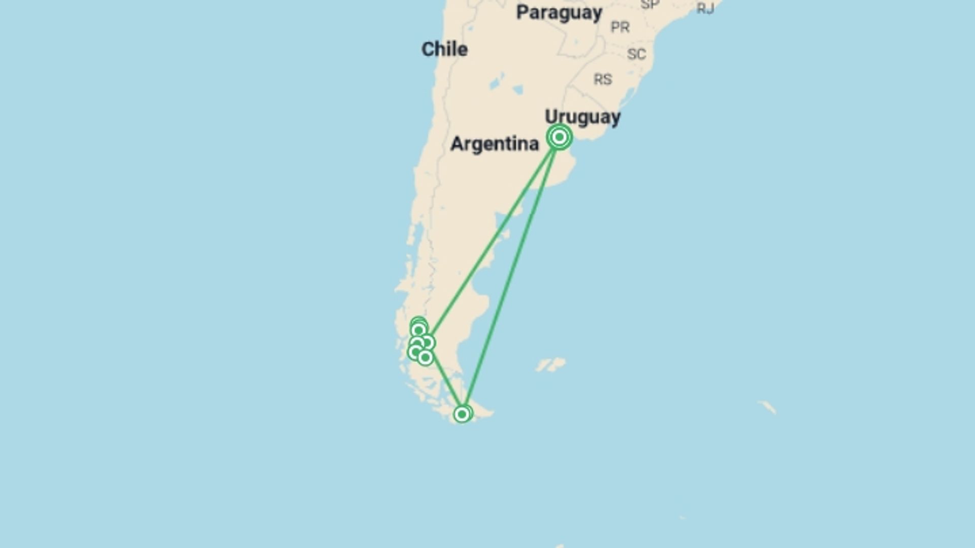 A map showing the tour itinerary for the trip: Discover Patagonia, starting in Buenos Aires, Argentina and ending in Buenos Aires, Argentina going through 9 other destinations.