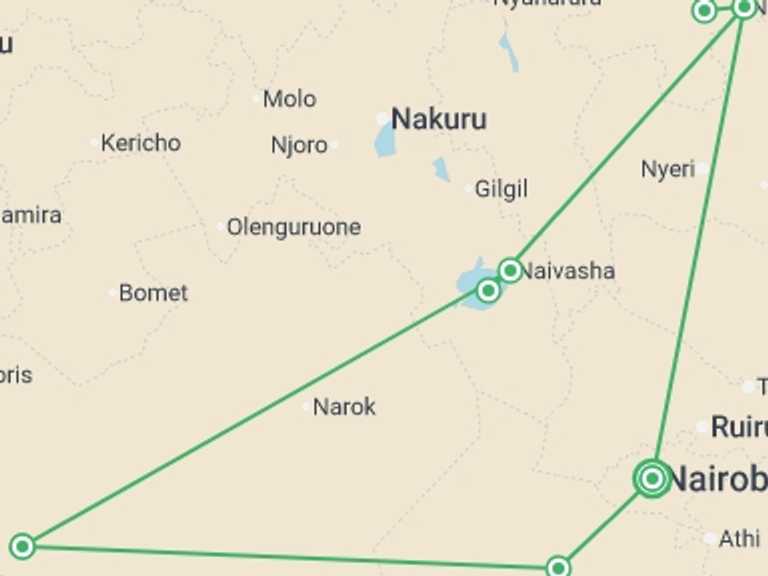 Map itinerary of Africa Tour in July 2026 with 5 destination visits for the trip: Kenya Family Safari - 8 days
