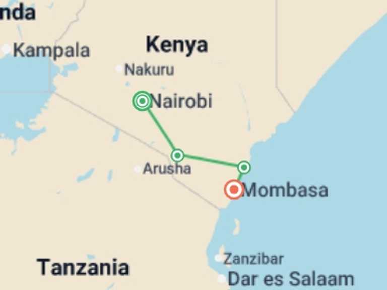 Map itinerary of Nairobi Tour in Spring with 4 destination visits for the trip: Wildlife & Coastal Wonders of Kenya: Tsavo to Watamu