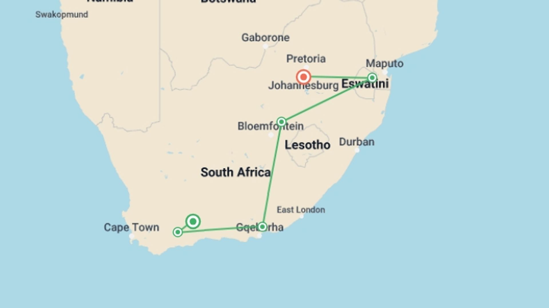 A map showing the tour itinerary for the trip: Cape Town To Johannesburg (17 Days), starting in Cape Town, South Africa and ending in Johannesburg, South Africa going through 5 other destinations.