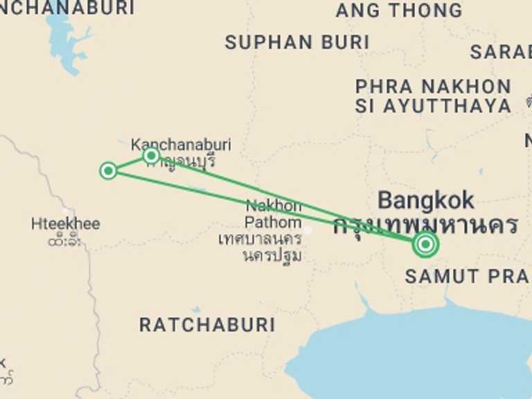 Map itinerary of Thailand Tour in November 2026 with 3 destination visits for the trip: Kanchanaburi Explorer