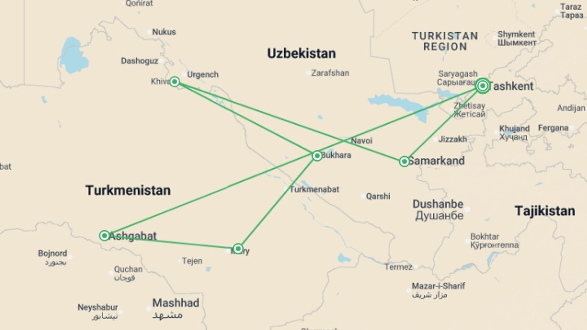 A map showing the tour itinerary for the trip: Silk Road Highlights: Uzbekistan and Turkmenistan, starting in Tashkent, Uzbekistan and ending in Tashkent, Uzbekistan going through 5 other destinations.