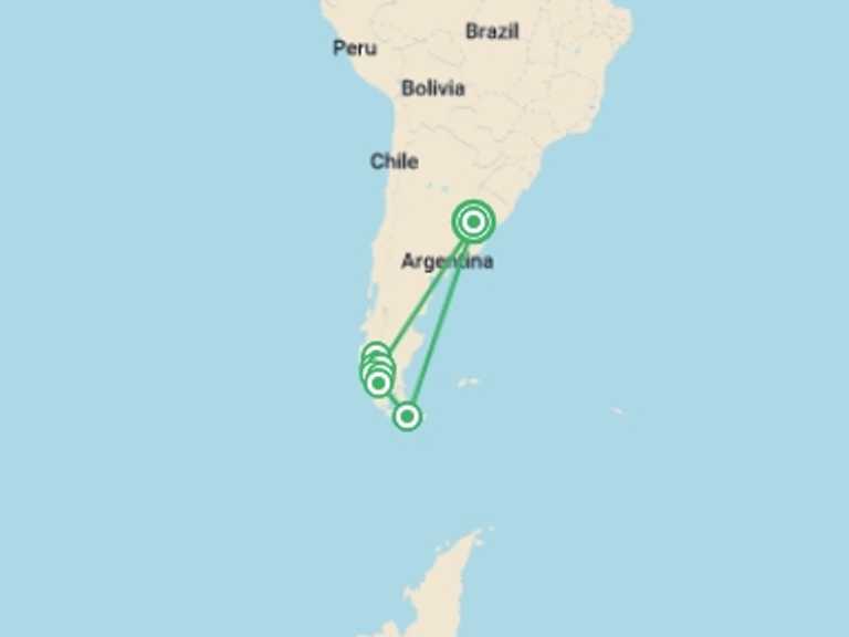 Map itinerary of Chile Tour in Fall with 9 destination visits for the trip: End of the Earth