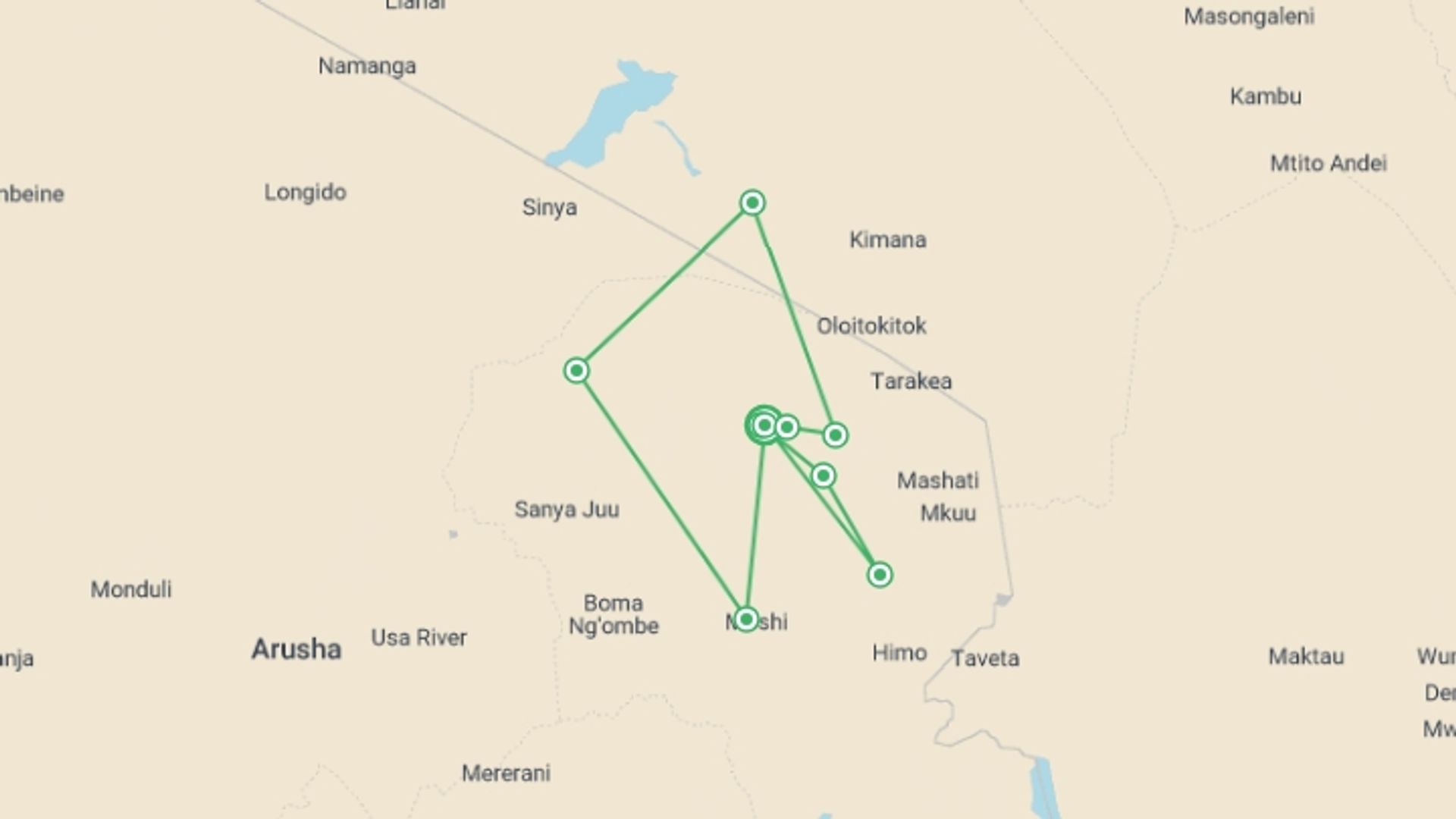 A map showing the tour itinerary for the trip: Rongai Route, Silver Level Climb (on Request), starting in Kilimanjaro, Tanzania and ending in Kilimanjaro, Tanzania going through 7 other destinations.