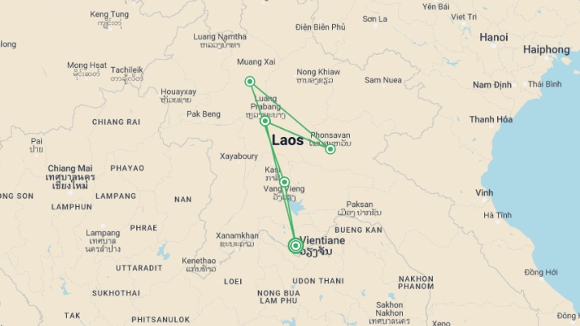 A map showing the tour itinerary for the trip: Discover Laos in Comfort, starting in Vientiane, Laos and ending in Vientiane, Laos going through 4 other destinations.