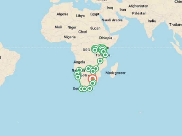 Map itinerary of Arusha Tour in Spring with 27 destination visits for the trip: Nairobi To Johannesburg (94 Days)