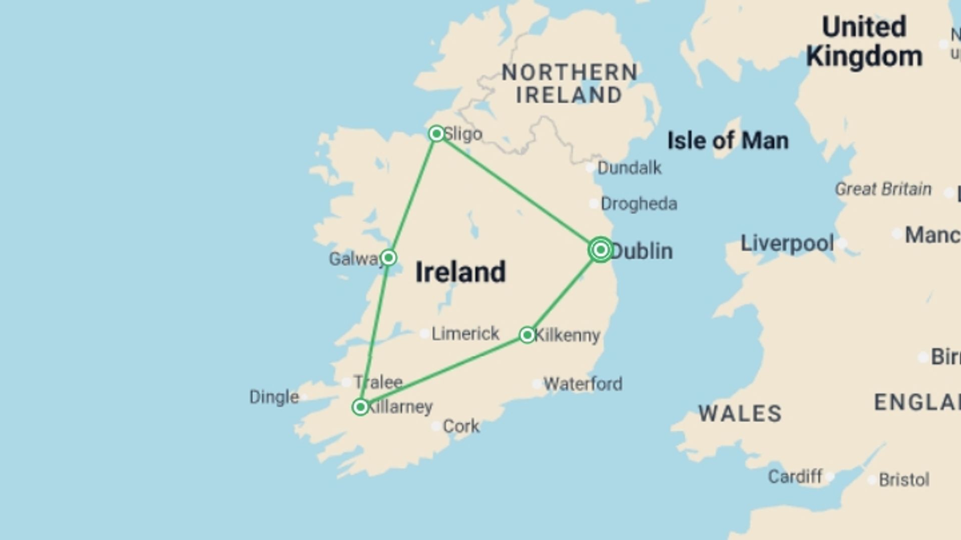 A map showing the tour itinerary for the trip: Enchanting Ireland - Premium, starting in Dublin, Ireland and ending in Dublin, Ireland going through 4 other destinations.