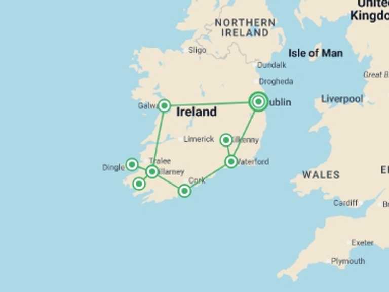 Map of Ireland Explorer Tour with 5 destination visits for the trip: Highlights of the Republic - 9 days