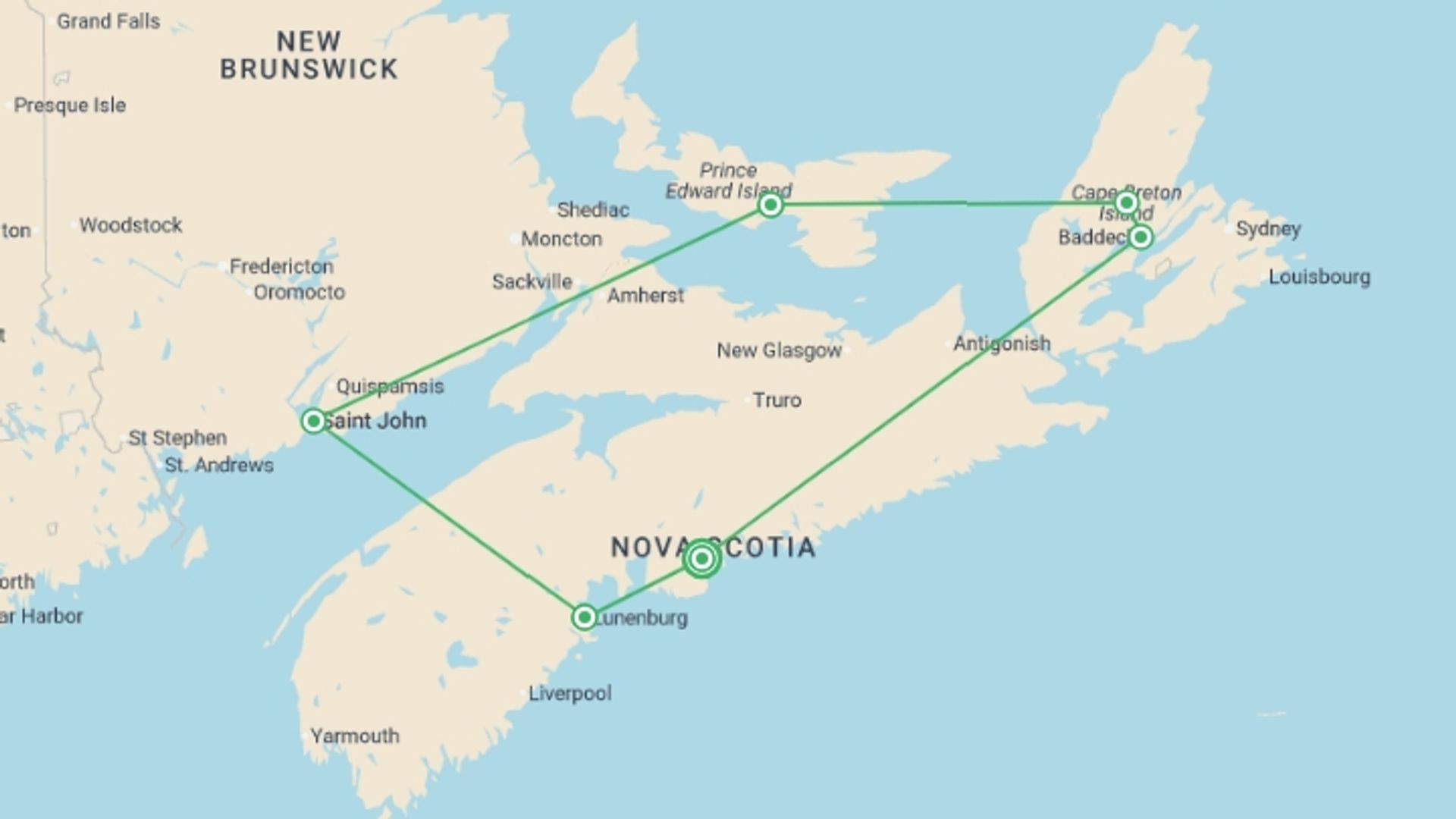 A map showing the tour itinerary for the trip: Enchanting Canadian Maritimes, starting in Halifax, Canada and ending in Halifax, Canada going through 5 other destinations.