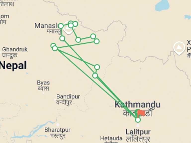Map itinerary of Kathmandu Tour in September 2026 with 14 destination visits for the trip: Manaslu Circuit Trek