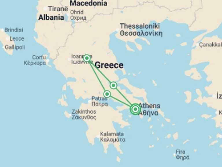 Map itinerary of Europe Tour in Fall with 2 destination visits for the trip: Athens and Northern Greece with Meteoras