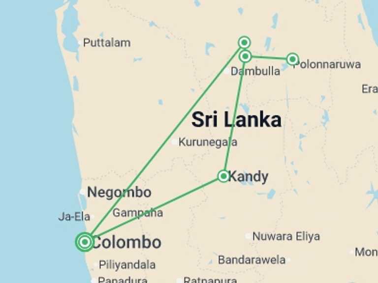 Map itinerary of Asia Tour in Winter with 3 destination visits for the trip: Splendors Of Sri Lanka, Private Tour