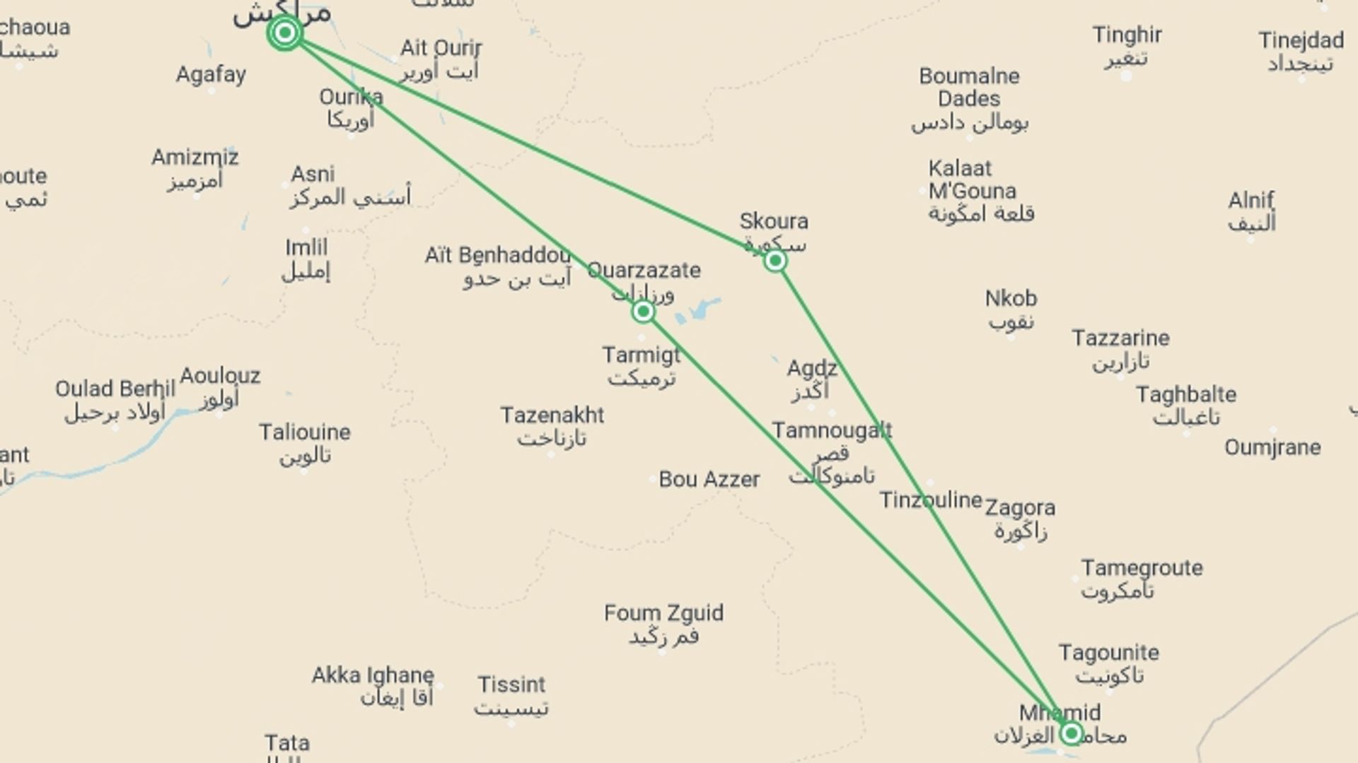 A map showing the tour itinerary for the trip: Morocco: Marrakech & The Sahara, starting in Marrakech, Morocco and ending in Marrakech, Morocco going through 3 other destinations.