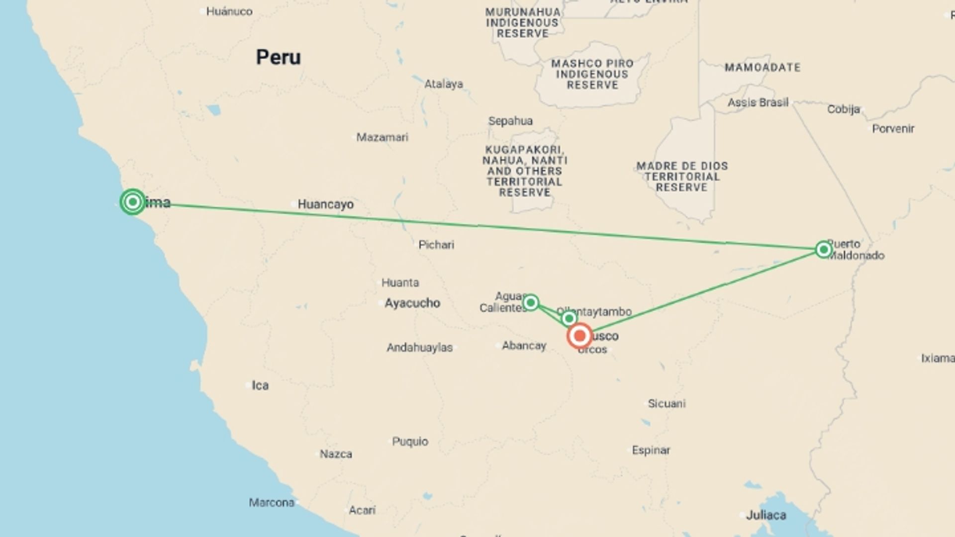 A map showing the tour itinerary for the trip: Amazon & the Lost City - 9 days, starting in Lima, Peru and ending in Cusco, Peru going through 2 other destinations.