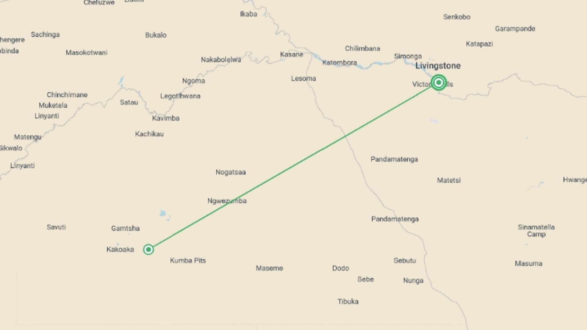 A map showing the tour itinerary for the trip: Victoria Falls & Chobe - 4 days, starting in Victoria Falls, Zimbabwe and ending in Victoria Falls, Zimbabwe going through 0 other destinations.