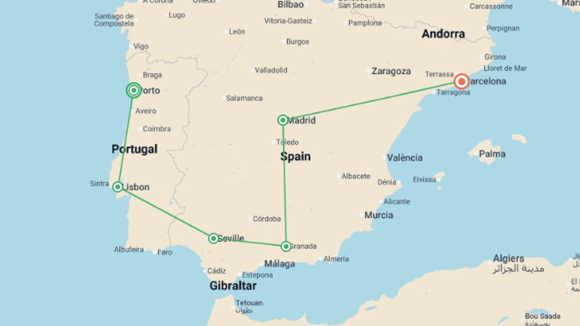 A map showing the tour itinerary for the trip: Spain & Portugal: Tapas & Traditions, starting in Porto, Portugal and ending in Barcelona, Spain going through 4 other destinations.