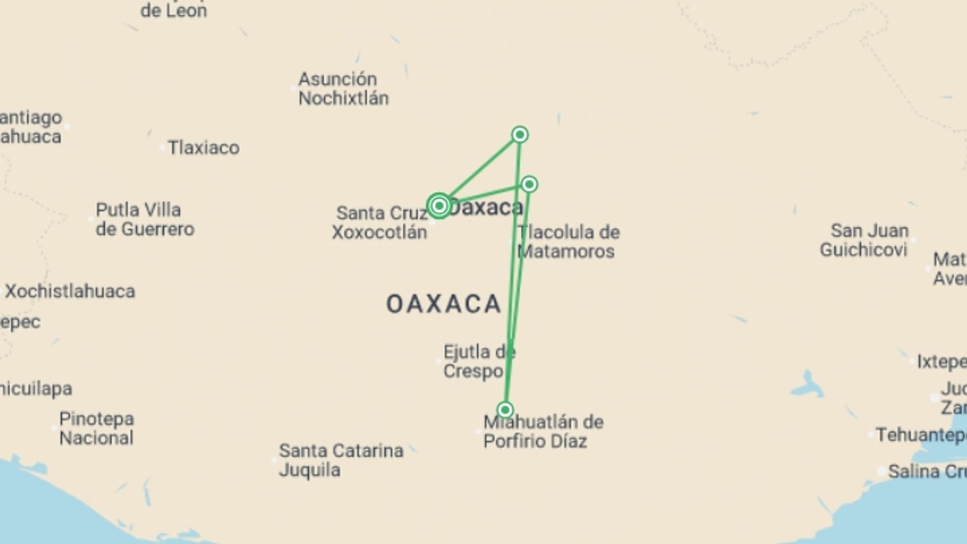 A map showing the tour itinerary for the trip: Embark on the Enchanting Zapotec Trails 4D/3N, starting in Oaxaca, Mexico and ending in Oaxaca, Mexico going through 3 other destinations.