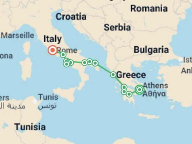 Map itinerary of Mediterranean Tour in October 2026 with 6 destination visits for the trip: Athens, Peninsula, Heart of Italy with Sorrento