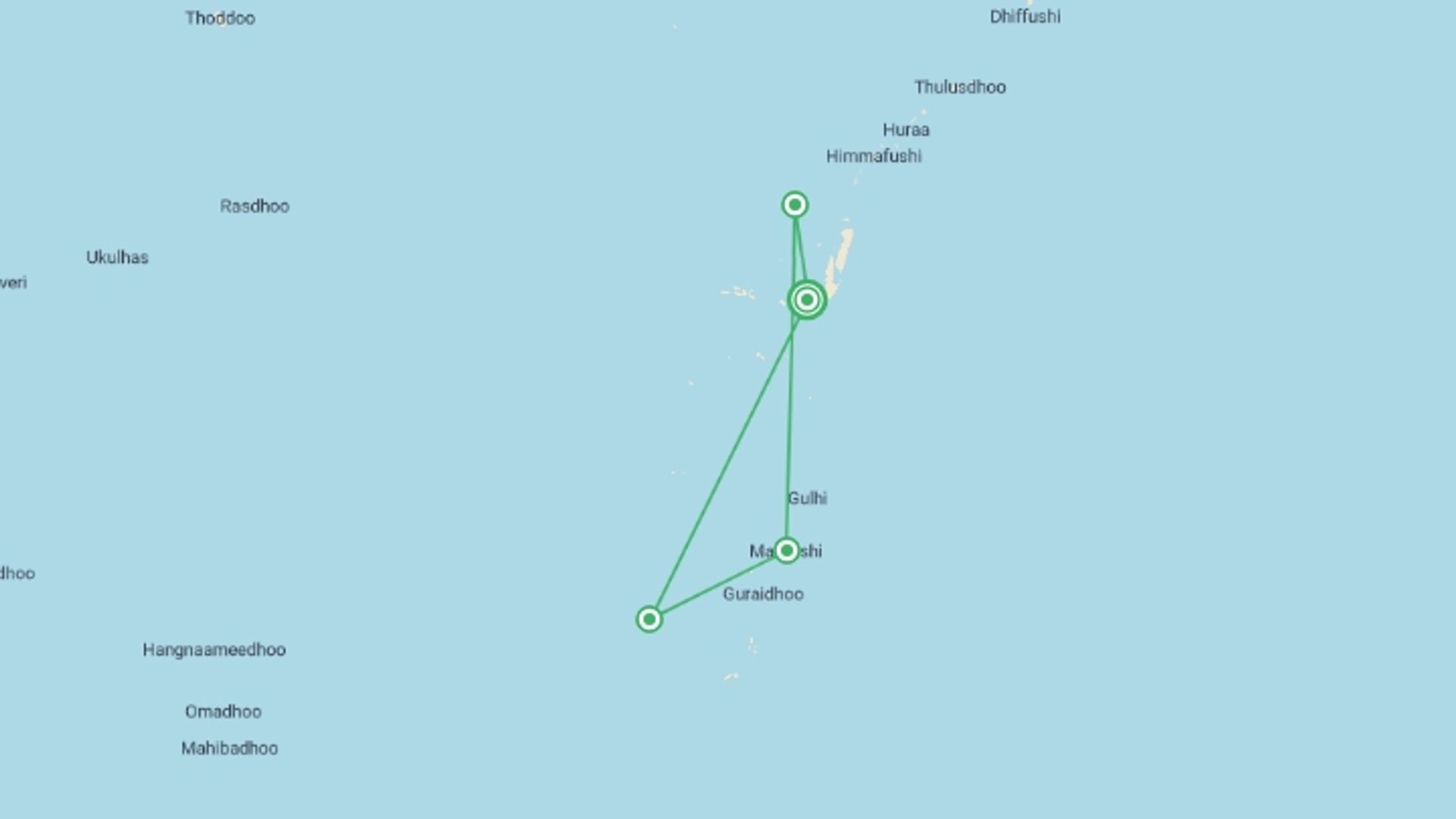 A map showing the tour itinerary for the trip: Exploring Maldives: Fihalhohi, Maafushi And Kuda Bandos Islands, starting in Male, Maldives and ending in Male, Maldives going through 3 other destinations.